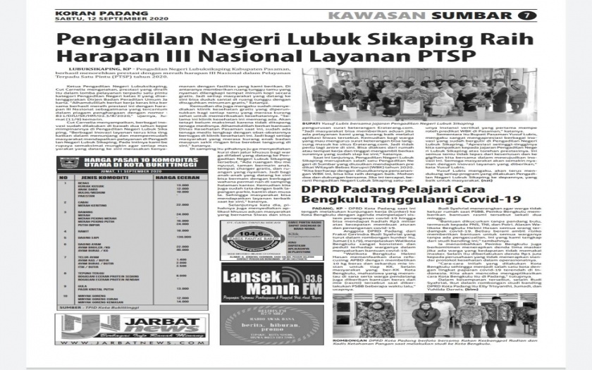 Pemberitaan Koran Padang Atas Keberhasilan PN Lubuk SIkaping menjadi Juara Harapan 3 Lomba PTSP, 12 September 2020