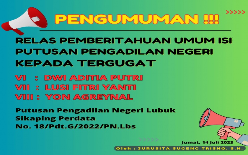 Relas Pemberitahuan Umum Isi Putusan 18/Pdt.G/2022/PN Lbs