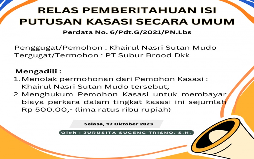 RELAS PEMBERITAHUAN ISI PUTUSAN KASASI SECARA UMUM