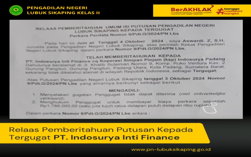 Relaas Pemberitahuan Putusan Kepada Tergugat PT. Indosusryq Inti Finance