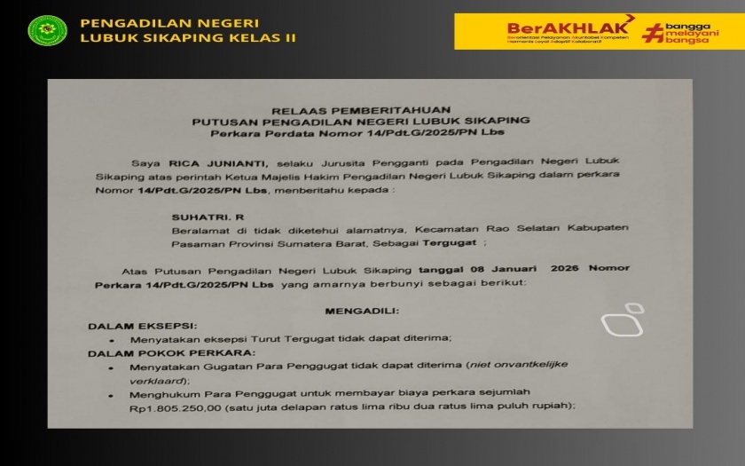 RELAAS PEMBERITAHUAN PUTUSAN  Kepada SUHATRI. R