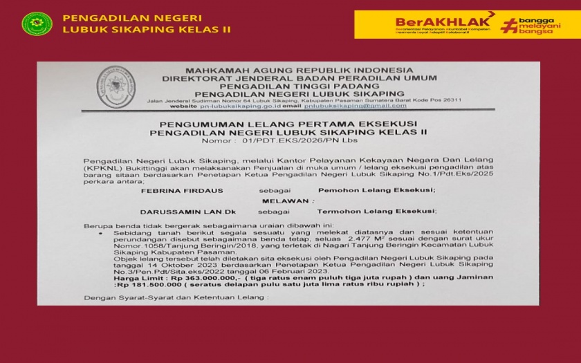 PENGUMUMAN LELANG PERTAMA EKSEKUSI 2026